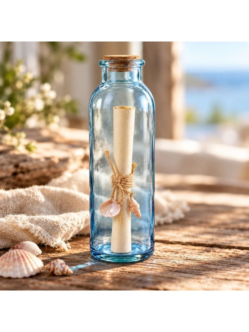Blue Glass Message Bottle with Cork & Scroll – 8 Inch
